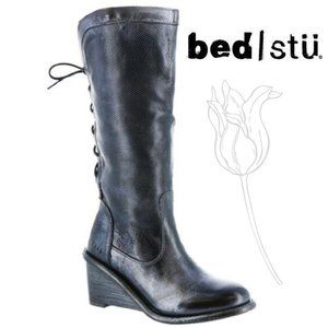BED STU Empress Black Rustic Wedge Lace-Up Distressed Leather Tall Boots